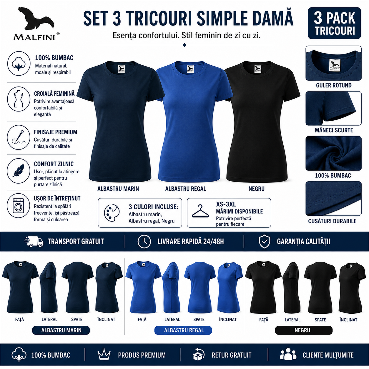 Tricouri damă simple din bumbac 100% albastru marin albastru regal negru